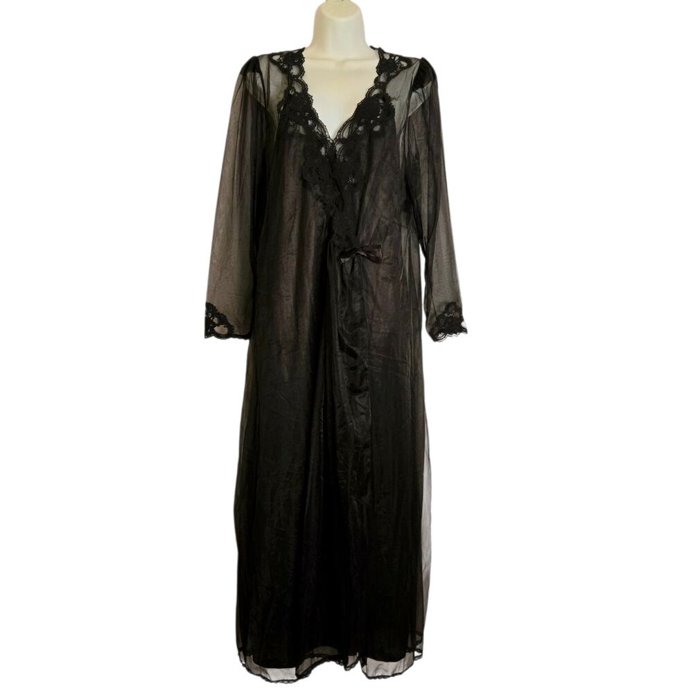 Vintage Old Hollywood Nylon Lace Maxi Slip Dress + Robe Set Black Sheer NWT
